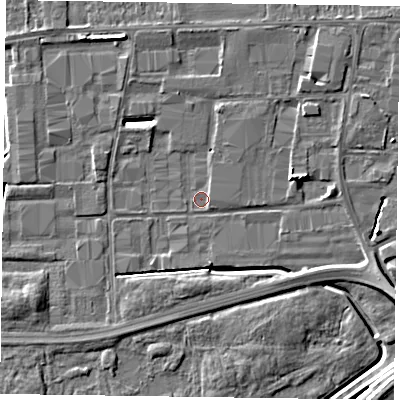 Shaded relief map of the ground around DN146XF, computed from Environment Agency LiDAR. The ground here sits at about 2 m above sea level and falls 7 m across the surrounding 800 m. Surface water reaching this point runs off ground lying to the east-north-east, 4.4 m higher.
