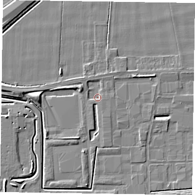 Shaded relief map of the ground around DN146XL, computed from Environment Agency LiDAR. The ground here sits at about 2 m above sea level and falls 6 m across the surrounding 800 m. Surface water reaching this point runs off ground lying to the north-north-east, 1.2 m higher.