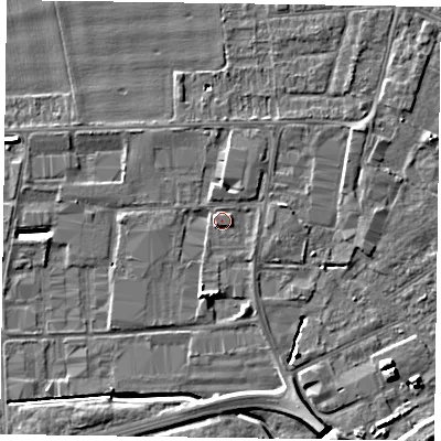 Shaded relief map of the ground around DN146XQ, computed from Environment Agency LiDAR. The ground here sits at about 3 m above sea level and falls 8 m across the surrounding 800 m. Surface water reaching this point runs off ground lying to the north, 1.4 m higher.