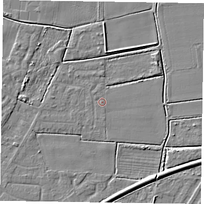 Shaded relief map of the ground around DN146YD, computed from Environment Agency LiDAR. The ground here sits at about 2 m above sea level and falls 7 m across the surrounding 800 m. Surface water reaching this point runs off ground lying to the north-north-east, 3.2 m higher.