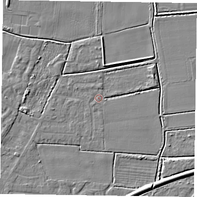 Shaded relief map of the ground around DN146YE, computed from Environment Agency LiDAR. The ground here sits at about 2 m above sea level and falls 7 m across the surrounding 800 m. Surface water reaching this point runs off ground lying to the east-north-east, 2.9 m higher.
