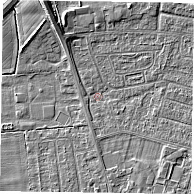 Shaded relief map of the ground around DN146YP, computed from Environment Agency LiDAR. The ground here sits at about 2 m above sea level and falls 9 m across the surrounding 800 m. Surface water reaching this point runs off ground lying to the south-east, 2.0 m higher.