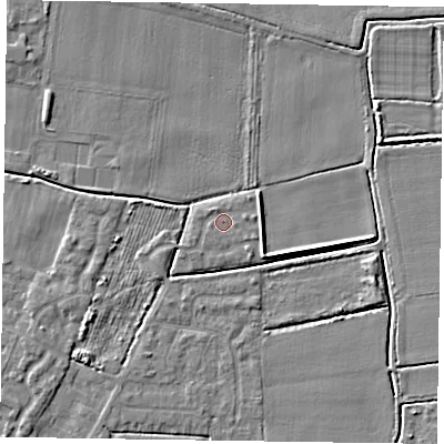 Shaded relief map of the ground around DN146YR, computed from Environment Agency LiDAR. The ground here sits at about 2 m above sea level and falls 4 m across the surrounding 800 m. Surface water reaching this point runs off ground lying to the east-north-east, 1.7 m higher.