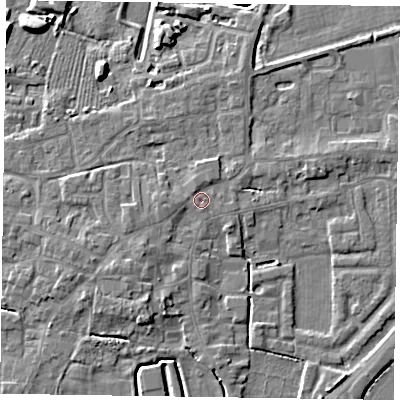 Shaded relief map of the ground around DN147AB, computed from Environment Agency LiDAR. The ground here sits at about 5 m above sea level and falls 7 m across the surrounding 800 m. Surface water reaching this point runs off ground lying to the north-north-west, 1.0 m higher.