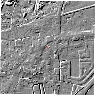 Shaded relief map of the ground around DN147AD, computed from Environment Agency LiDAR. The ground here sits at about 5 m above sea level and falls 6 m across the surrounding 800 m. Surface water reaching this point runs off ground lying to the south-south-west, 2.5 m higher.
