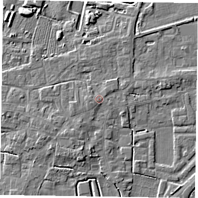 Shaded relief map of the ground around DN147AE, computed from Environment Agency LiDAR. The ground here sits at about 5 m above sea level and falls 7 m across the surrounding 800 m. Surface water reaching this point runs off ground lying to the south-south-west, 2.5 m higher.
