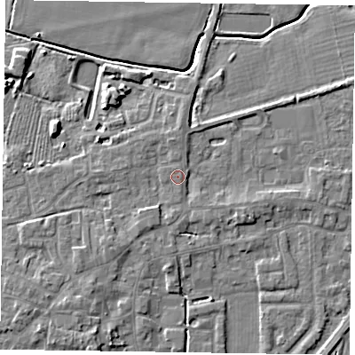 Shaded relief map of the ground around DN147AF, computed from Environment Agency LiDAR. The ground here sits at about 5 m above sea level and falls 6 m across the surrounding 800 m. Surface water reaching this point runs off ground lying to the south, 1.6 m higher.