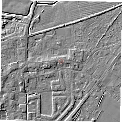 Shaded relief map of the ground around DN147AG, computed from Environment Agency LiDAR. The ground here sits at about 5 m above sea level and falls 6 m across the surrounding 800 m. Surface water reaching this point runs off ground lying to the west, 0.7 m higher.