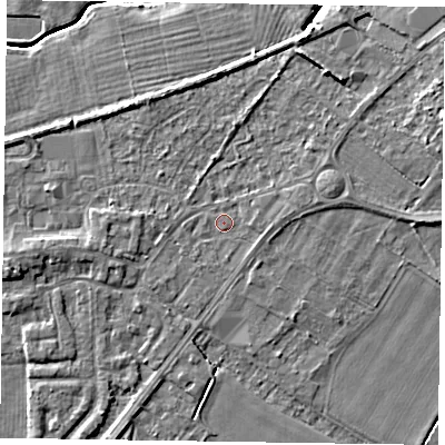 Shaded relief map of the ground around DN147AH, computed from Environment Agency LiDAR. The ground here sits at about 4 m above sea level and falls 6 m across the surrounding 800 m. Surface water reaching this point runs off ground lying to the east-south-east, 0.9 m higher.