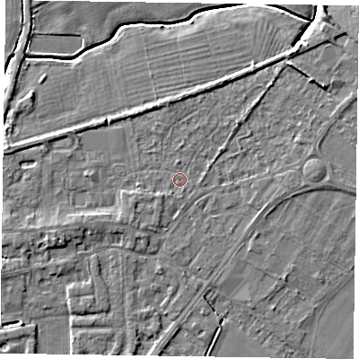 Shaded relief map of the ground around DN147AJ, computed from Environment Agency LiDAR. The ground here sits at about 4 m above sea level and falls 5 m across the surrounding 800 m. Surface water reaching this point runs off ground lying to the east-north-east, 2.7 m higher.