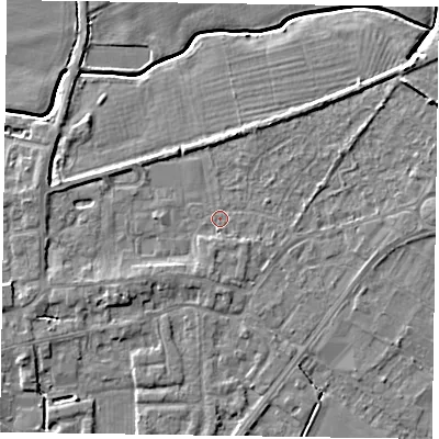 Shaded relief map of the ground around DN147AL, computed from Environment Agency LiDAR. The ground here sits at about 4 m above sea level and falls 5 m across the surrounding 800 m. Surface water reaching this point runs off ground lying to the south-west, 2.1 m higher.