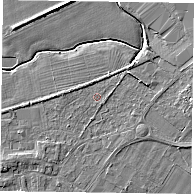 Shaded relief map of the ground around DN147AP, computed from Environment Agency LiDAR. The ground here sits at about 4 m above sea level and falls 7 m across the surrounding 800 m. Surface water reaching this point runs off ground lying to the east-north-east, 2.7 m higher.
