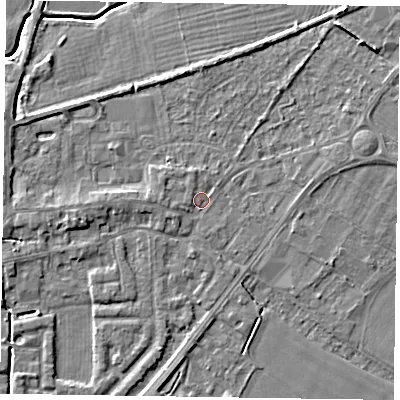 Shaded relief map of the ground around DN147AQ, computed from Environment Agency LiDAR. The ground here sits at about 4 m above sea level and falls 5 m across the surrounding 800 m. Surface water reaching this point runs off ground lying to the west, 1.4 m higher.