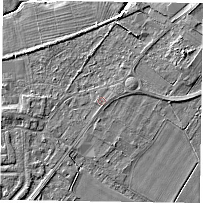 Shaded relief map of the ground around DN147AR, computed from Environment Agency LiDAR. The ground here sits at about 4 m above sea level and falls 6 m across the surrounding 800 m. The ground contributing surface water to this point lies to the west.