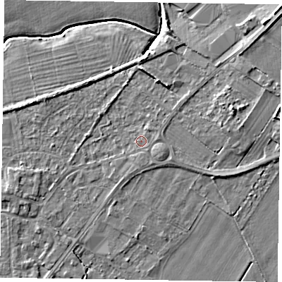 Shaded relief map of the ground around DN147AT, computed from Environment Agency LiDAR. The ground here sits at about 4 m above sea level and falls 7 m across the surrounding 800 m. Surface water reaching this point runs off ground lying to the south, 1.0 m higher.