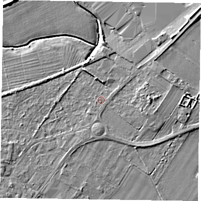 Shaded relief map of the ground around DN147AU, computed from Environment Agency LiDAR. The ground here sits at about 4 m above sea level and falls 7 m across the surrounding 800 m. Surface water reaching this point runs off ground lying to the east, 3.8 m higher.