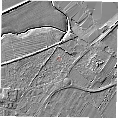 Shaded relief map of the ground around DN147AX, computed from Environment Agency LiDAR. The ground here sits at about 4 m above sea level and falls 7 m across the surrounding 800 m. Surface water reaching this point runs off ground lying to the east, 3.6 m higher.