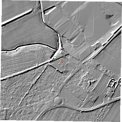 Shaded relief map of the ground around DN147AY, computed from Environment Agency LiDAR. The ground here sits at about 4 m above sea level and falls 7 m across the surrounding 800 m. Surface water reaching this point runs off ground lying to the south, 2.0 m higher.