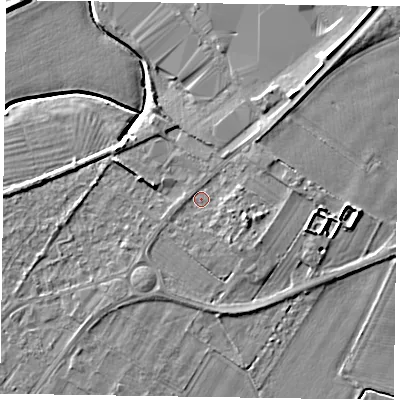 Shaded relief map of the ground around DN147AZ, computed from Environment Agency LiDAR. The ground here sits at about 4 m above sea level and falls 8 m across the surrounding 800 m. Surface water reaching this point runs off ground lying to the east-south-east, 2.9 m higher.
