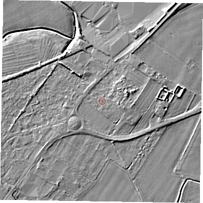 Shaded relief map of the ground around DN147BA, computed from Environment Agency LiDAR. The ground here sits at about 4 m above sea level and falls 7 m across the surrounding 800 m. Surface water reaching this point runs off ground lying to the east-north-east, 2.8 m higher.