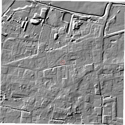 Shaded relief map of the ground around DN147BB, computed from Environment Agency LiDAR. The ground here sits at about 5 m above sea level and falls 7 m across the surrounding 800 m. Surface water reaching this point runs off ground lying to the south, 2.1 m higher.