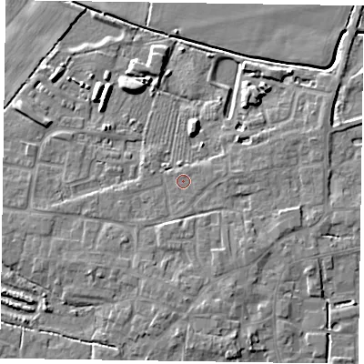 Shaded relief map of the ground around DN147BD, computed from Environment Agency LiDAR. The ground here sits at about 5 m above sea level and falls 7 m across the surrounding 800 m. Surface water reaching this point runs off ground lying to the east-north-east, 0.5 m higher.