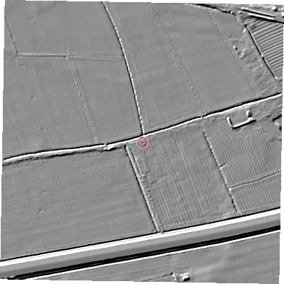 Shaded relief map of the ground around DN147BF, computed from Environment Agency LiDAR. The ground here sits at about 4 m above sea level and falls 4 m across the surrounding 800 m. Surface water reaching this point runs off ground lying to the west, 3.0 m higher.