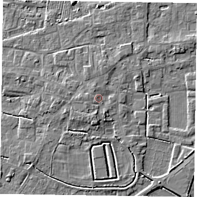 Shaded relief map of the ground around DN147BL, computed from Environment Agency LiDAR. The ground here sits at about 6 m above sea level and falls 5 m across the surrounding 800 m. Surface water reaching this point runs off ground lying to the south, 2.5 m higher.