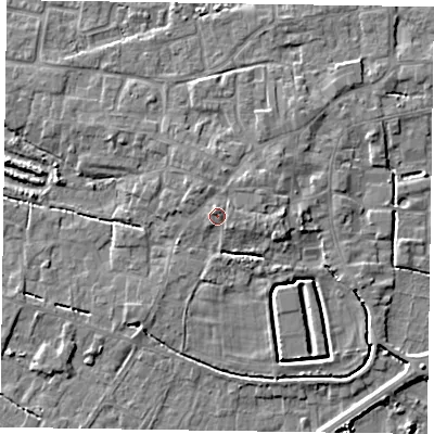 Shaded relief map of the ground around DN147BT, computed from Environment Agency LiDAR. The ground here sits at about 6 m above sea level and falls 6 m across the surrounding 800 m. Surface water reaching this point runs off ground lying to the east, 1.3 m higher.