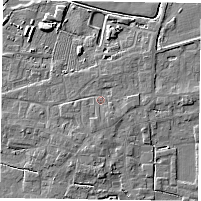 Shaded relief map of the ground around DN147BW, computed from Environment Agency LiDAR. The ground here sits at about 5 m above sea level and falls 7 m across the surrounding 800 m. Surface water reaching this point runs off ground lying to the south-south-east, 2.1 m higher.