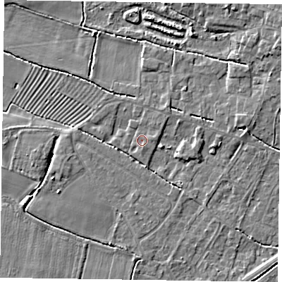 Shaded relief map of the ground around DN147BX, computed from Environment Agency LiDAR. The ground here sits at about 4 m above sea level and falls 4 m across the surrounding 800 m. Surface water reaching this point runs off ground lying to the east-north-east, 1.7 m higher.