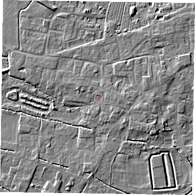 Shaded relief map of the ground around DN147BZ, computed from Environment Agency LiDAR. The ground here sits at about 5 m above sea level and falls 5 m across the surrounding 800 m. Surface water reaching this point runs off ground lying to the north-north-east, 1.1 m higher.