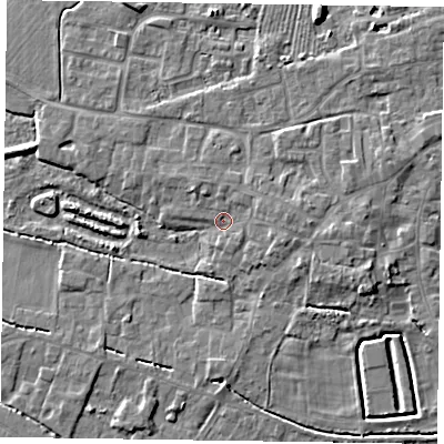 Shaded relief map of the ground around DN147DA, computed from Environment Agency LiDAR. The ground here sits at about 4 m above sea level and falls 5 m across the surrounding 800 m. Surface water reaching this point runs off ground lying to the east, 2.5 m higher.