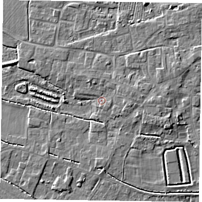 Shaded relief map of the ground around DN147DB, computed from Environment Agency LiDAR. The ground here sits at about 4 m above sea level and falls 5 m across the surrounding 800 m. Surface water reaching this point runs off ground lying to the east-north-east, 2.7 m higher.