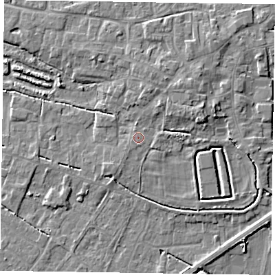 Shaded relief map of the ground around DN147DD, computed from Environment Agency LiDAR. The ground here sits at about 4 m above sea level and falls 5 m across the surrounding 800 m. The ground contributing surface water to this point lies to the north-east.