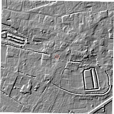 Shaded relief map of the ground around DN147DE, computed from Environment Agency LiDAR. The ground here sits at about 4 m above sea level and falls 5 m across the surrounding 800 m. Surface water reaching this point runs off ground lying to the east-north-east, 3.5 m higher.