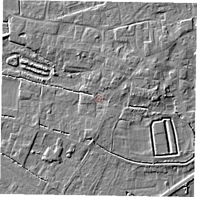 Shaded relief map of the ground around DN147DF, computed from Environment Agency LiDAR. The ground here sits at about 4 m above sea level and falls 5 m across the surrounding 800 m. Surface water reaching this point runs off ground lying to the east, 3.5 m higher.