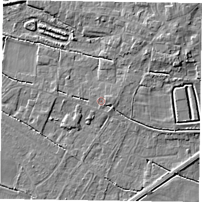 Shaded relief map of the ground around DN147DG, computed from Environment Agency LiDAR. The ground here sits at about 4 m above sea level and falls 5 m across the surrounding 800 m. Surface water reaching this point runs off ground lying to the east-north-east, 1.0 m higher.