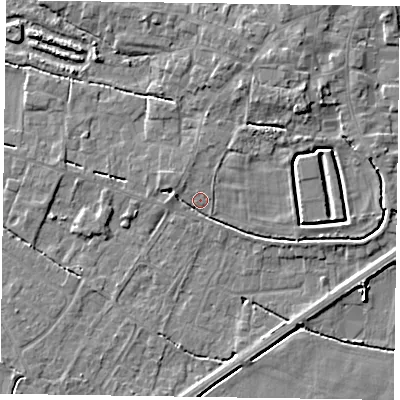 Shaded relief map of the ground around DN147DH, computed from Environment Agency LiDAR. The ground here sits at about 4 m above sea level and falls 5 m across the surrounding 800 m. Surface water reaching this point runs off ground lying to the north-east, 5.0 m higher.