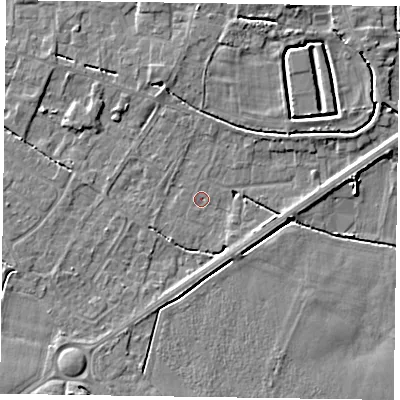 Shaded relief map of the ground around DN147DJ, computed from Environment Agency LiDAR. The ground here sits at about 3 m above sea level and falls 5 m across the surrounding 800 m. Surface water reaching this point runs off ground lying to the south-west, 4.8 m higher.