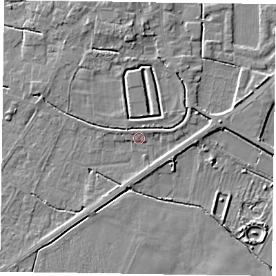 Shaded relief map of the ground around DN147DN, computed from Environment Agency LiDAR. The ground here sits at about 4 m above sea level and falls 6 m across the surrounding 800 m. Surface water reaching this point runs off ground lying to the east, 3.6 m higher.