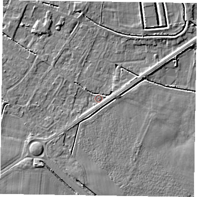 Shaded relief map of the ground around DN147DP, computed from Environment Agency LiDAR. The ground here sits at about 3 m above sea level and falls 5 m across the surrounding 800 m. Surface water reaching this point runs off ground lying to the east-north-east, 3.2 m higher.