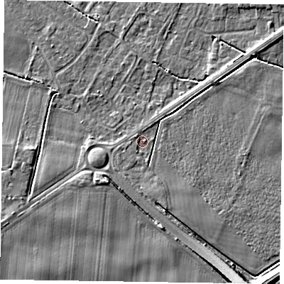 Shaded relief map of the ground around DN147DR, computed from Environment Agency LiDAR. The ground here sits at about 4 m above sea level and falls 9 m across the surrounding 800 m. Surface water reaching this point runs off ground lying to the south-south-west, 1.2 m higher.