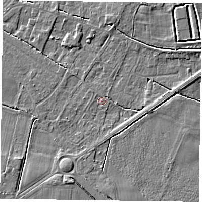 Shaded relief map of the ground around DN147DS, computed from Environment Agency LiDAR. The ground here sits at about 4 m above sea level and falls 5 m across the surrounding 800 m. Surface water reaching this point runs off ground lying to the west, 0.6 m higher.