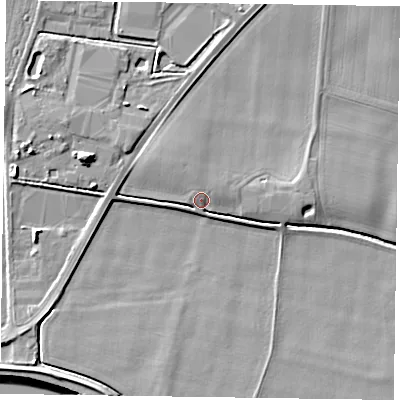 Shaded relief map of the ground around DN147EB, computed from Environment Agency LiDAR. The ground here sits at about 5 m above sea level and falls 8 m across the surrounding 800 m. Surface water reaching this point runs off ground lying to the east, 3.2 m higher.