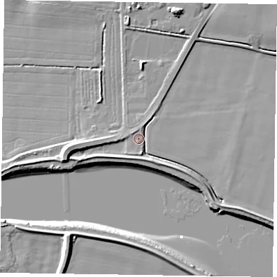 Shaded relief map of the ground around DN147ED, computed from Environment Agency LiDAR. The ground here sits at about 4 m above sea level and falls 9 m across the surrounding 800 m. Surface water reaching this point runs off ground lying to the west-south-west, 6.9 m higher.