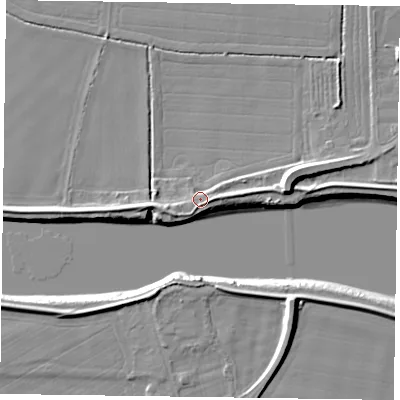 Shaded relief map of the ground around DN147EE, computed from Environment Agency LiDAR. The ground here sits at about 5 m above sea level and falls 9 m across the surrounding 800 m. Surface water reaching this point runs off ground lying to the east-south-east, 2.8 m higher.