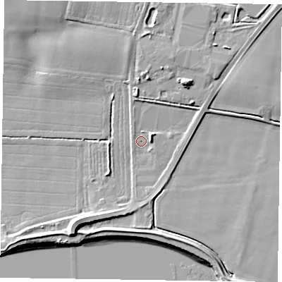 Shaded relief map of the ground around DN147EF, computed from Environment Agency LiDAR. The ground here sits at about 3 m above sea level and falls 9 m across the surrounding 800 m. Surface water reaching this point runs off ground lying to the north-east, 5.1 m higher.