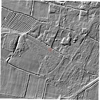 Shaded relief map of the ground around DN147EN, computed from Environment Agency LiDAR. The ground here sits at about 4 m above sea level and falls 4 m across the surrounding 800 m. Surface water reaching this point runs off ground lying to the south, 2.1 m higher.