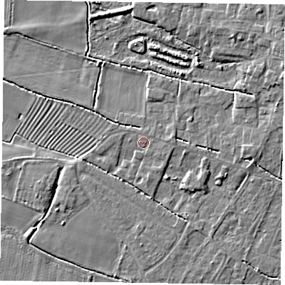 Shaded relief map of the ground around DN147ER, computed from Environment Agency LiDAR. The ground here sits at about 4 m above sea level and falls 4 m across the surrounding 800 m. Surface water reaching this point runs off ground lying to the east-south-east, 1.7 m higher.